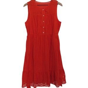 J.Crew Womens Sz 12 Red Orange Eyelet Sleeveless Midi Belted Button Front Dress
